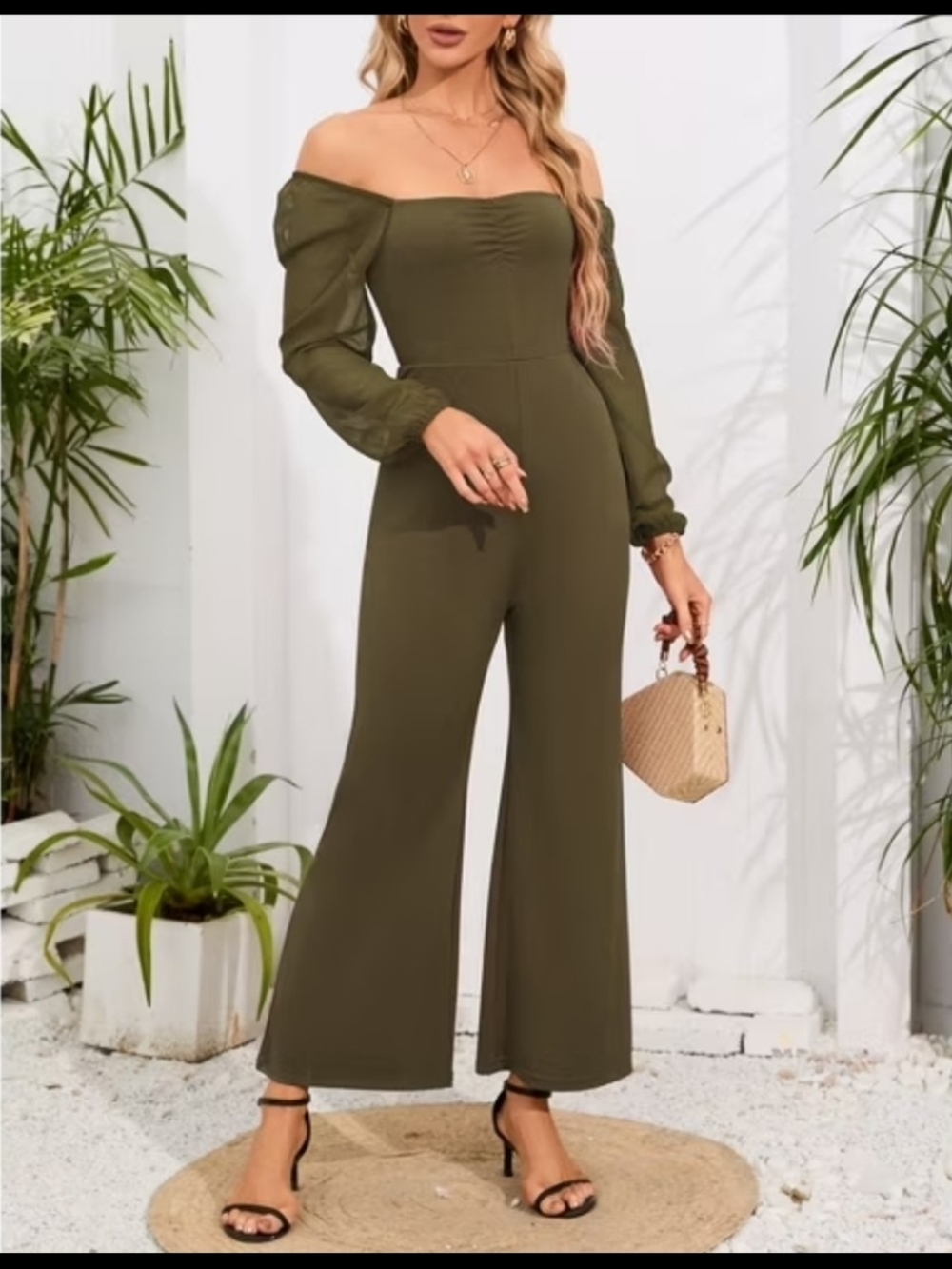 Off-Shoulder Olive Green Wide-Leg Jumpsuit
